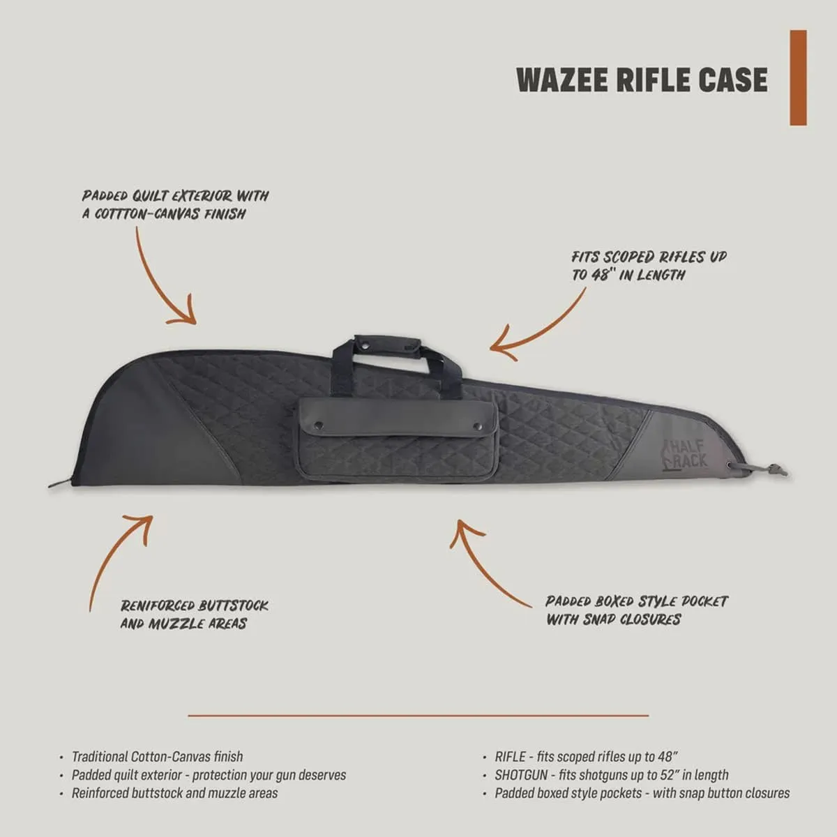 Half Rack Wazee Premium Mobile Gun Case - Cotton Canvas Rifle Case for Scoped Rifles up to 48" or Shotgun Case - Water Resistant Long Gun Case w/Padded Boxed Pockets & Reinforced Buttstock & Muzzle