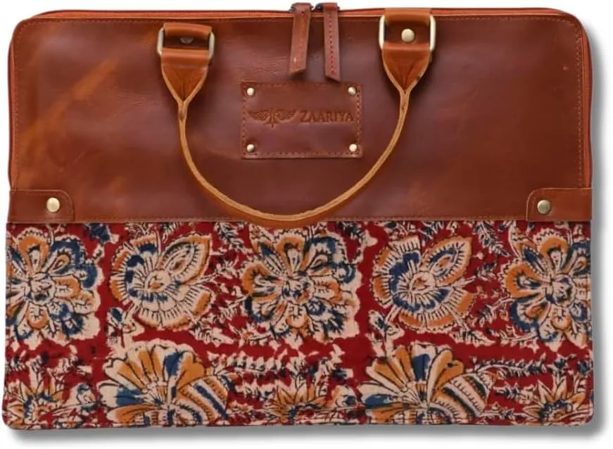 Handcrafted Laptop Bag/Sleeve/Case for Women | Made from Leather with Handblock Fabric - Ideal for 13 Inch Devices