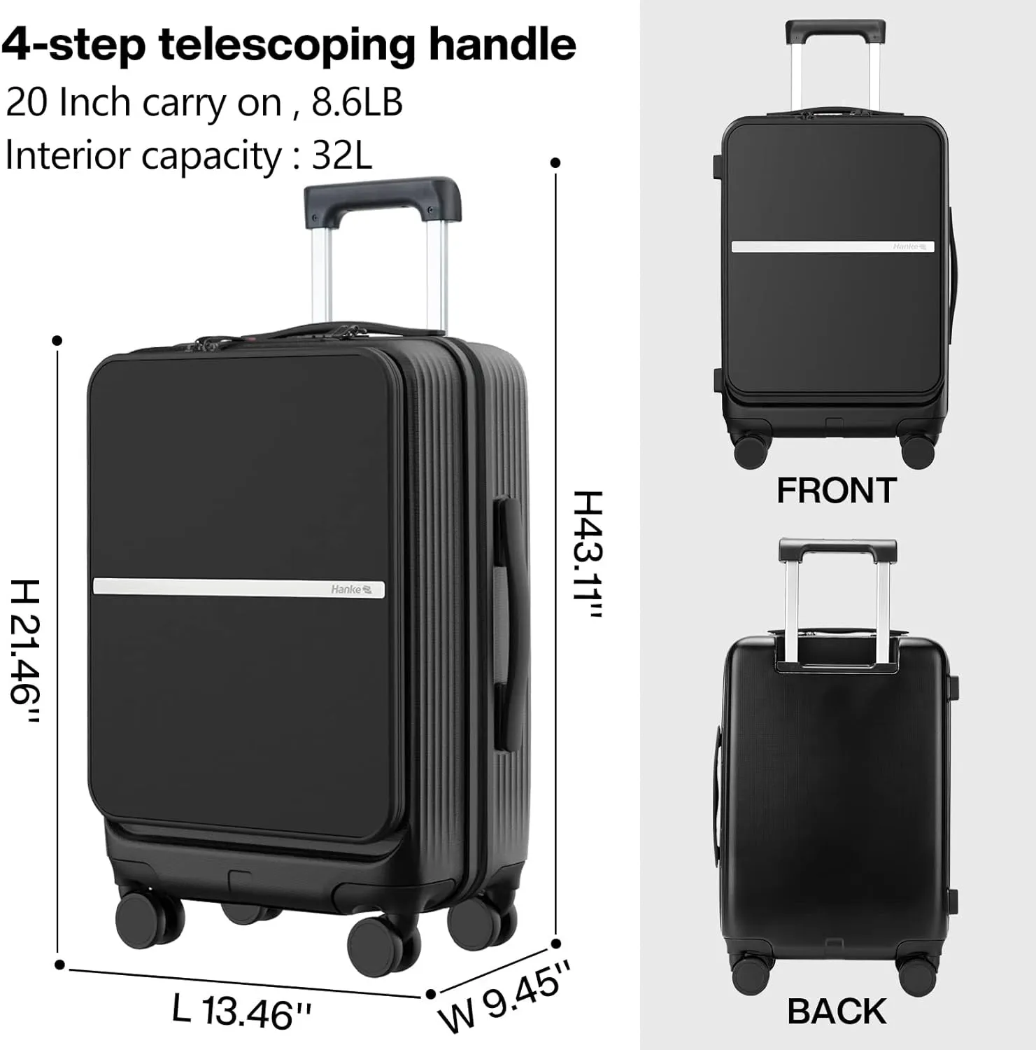 Hanke 20 Inch Carry On Luggage Airline Approved Hard Shell Suitcases with Wheels & Front Pocket Travel Luggage Lightweight Carry On Suitcase for Travel Rolling Luggage(Black)