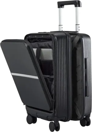 Hanke 20 Inch Carry On Luggage Airline Approved Hard Shell Suitcases with Wheels & Front Pocket Travel Luggage Lightweight Carry On Suitcase for Travel Rolling Luggage(Black)
