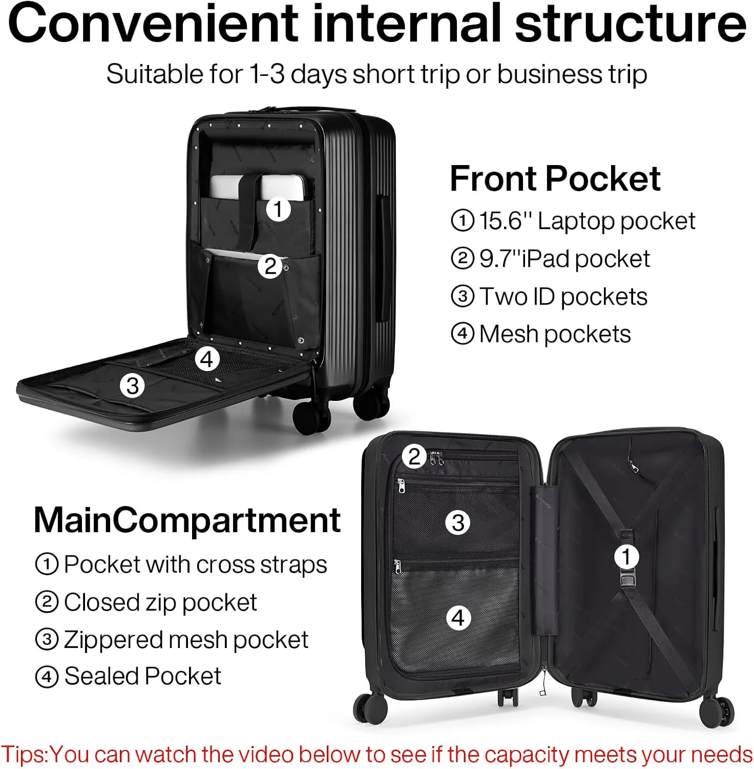 Hanke 20 Inch Carry On Luggage Airline Approved Hard Shell Suitcases with Wheels & Front Pocket Travel Luggage Lightweight Carry On Suitcase for Travel Rolling Luggage(Black)