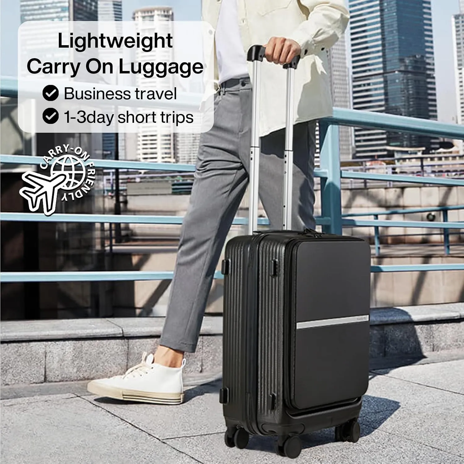 Hanke 20 Inch Carry On Luggage Airline Approved Hard Shell Suitcases with Wheels & Front Pocket Travel Luggage Lightweight Carry On Suitcase for Travel Rolling Luggage(Black)