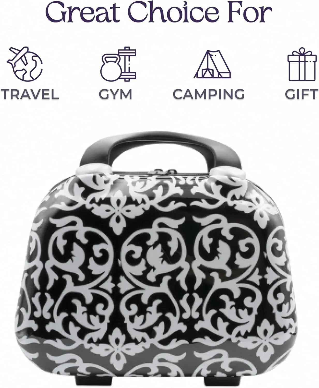 Hard Shell Travel Cosmetic Case, 12 Inch Hardshell Suitcase Mini Toiletry Bag, Luggage Beauty Case with Strap Damask Black