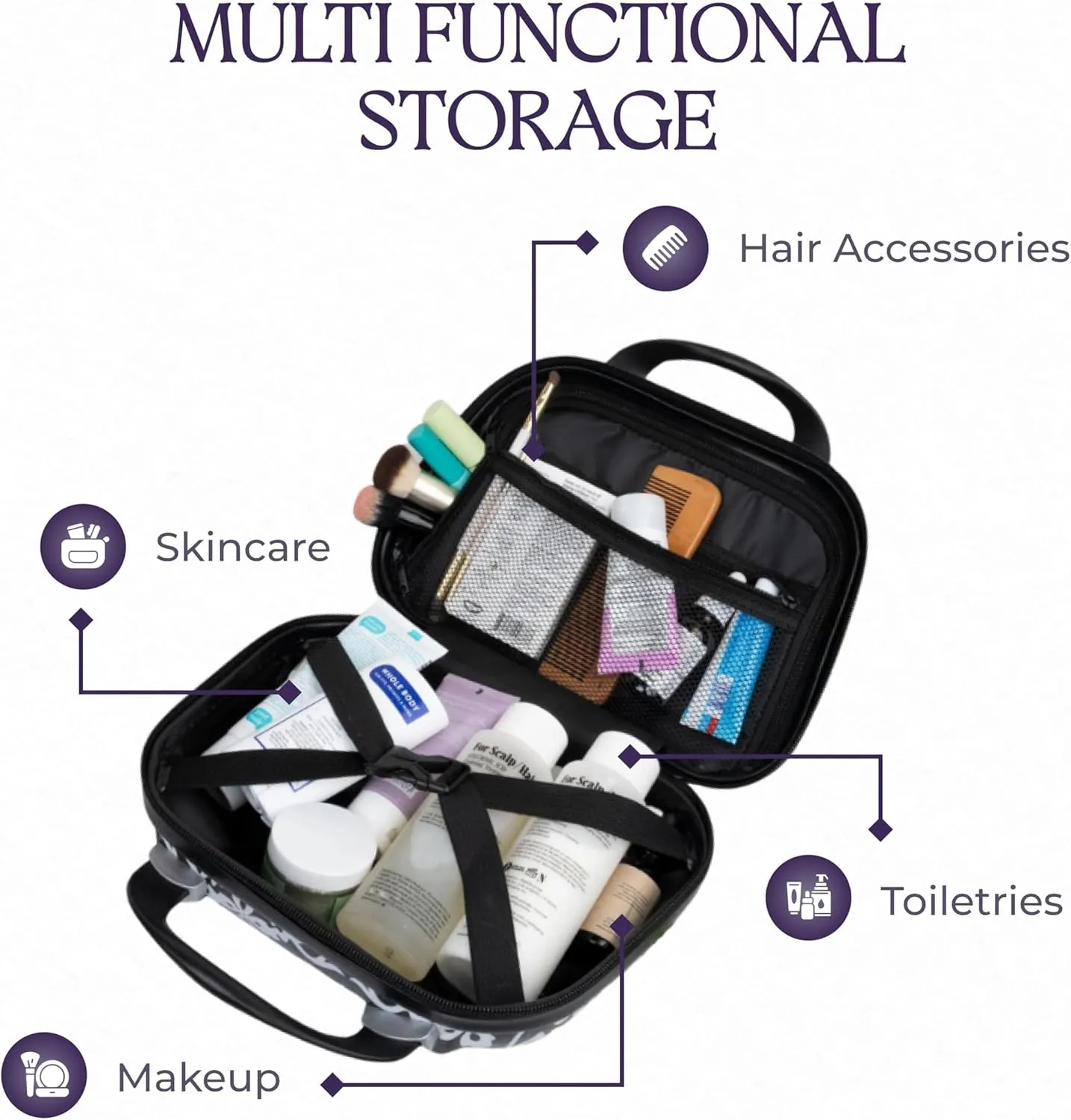 Hard Shell Travel Cosmetic Case, 12 Inch Hardshell Suitcase Mini Toiletry Bag, Luggage Beauty Case with Strap Damask Black