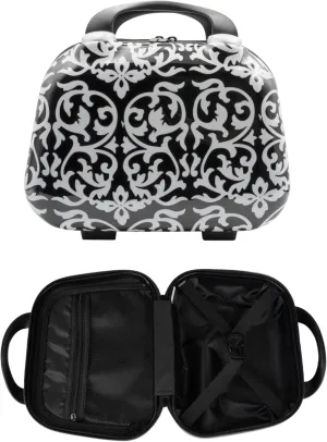 Hard Shell Travel Cosmetic Case, 12 Inch Hardshell Suitcase Mini Toiletry Bag, Luggage Beauty Case with Strap Damask Black