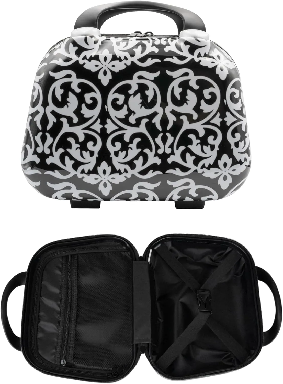 Hard Shell Travel Cosmetic Case, 12 Inch Hardshell Suitcase Mini Toiletry Bag, Luggage Beauty Case with Strap Damask Black
