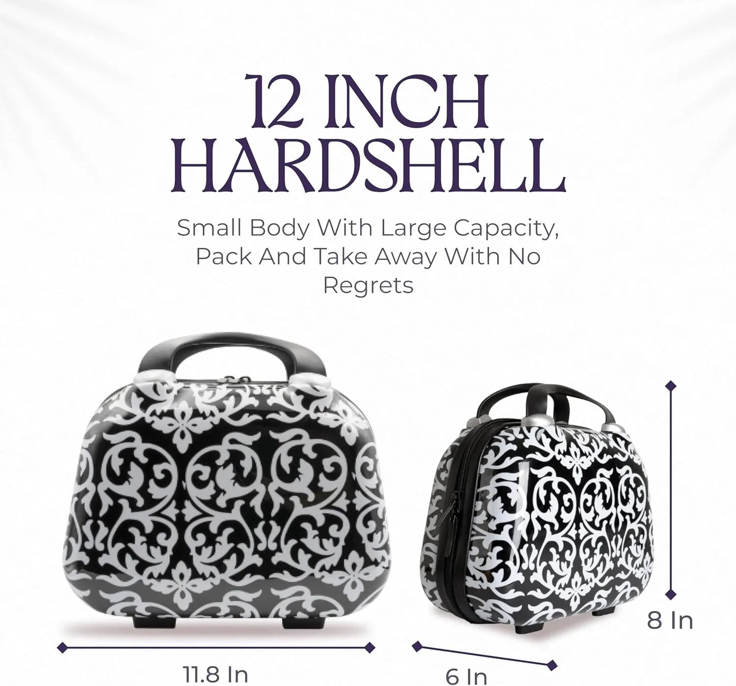 Hard Shell Travel Cosmetic Case, 12 Inch Hardshell Suitcase Mini Toiletry Bag, Luggage Beauty Case with Strap Damask Black
