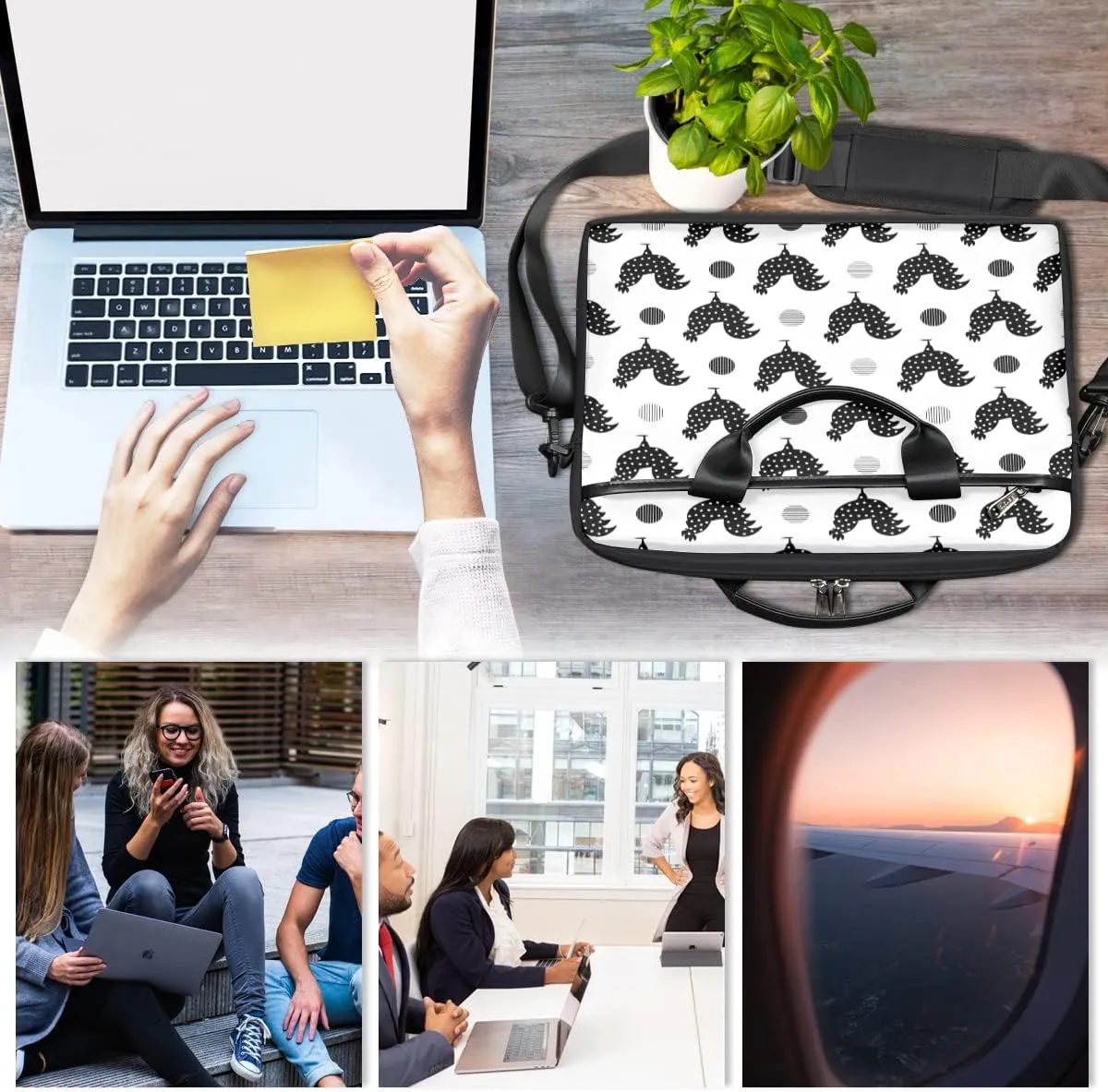 Hens And Chickens Black Background Laptop Shoulder Messenger Bag Waterproof Laptop Briefcase Handle Padded Strap