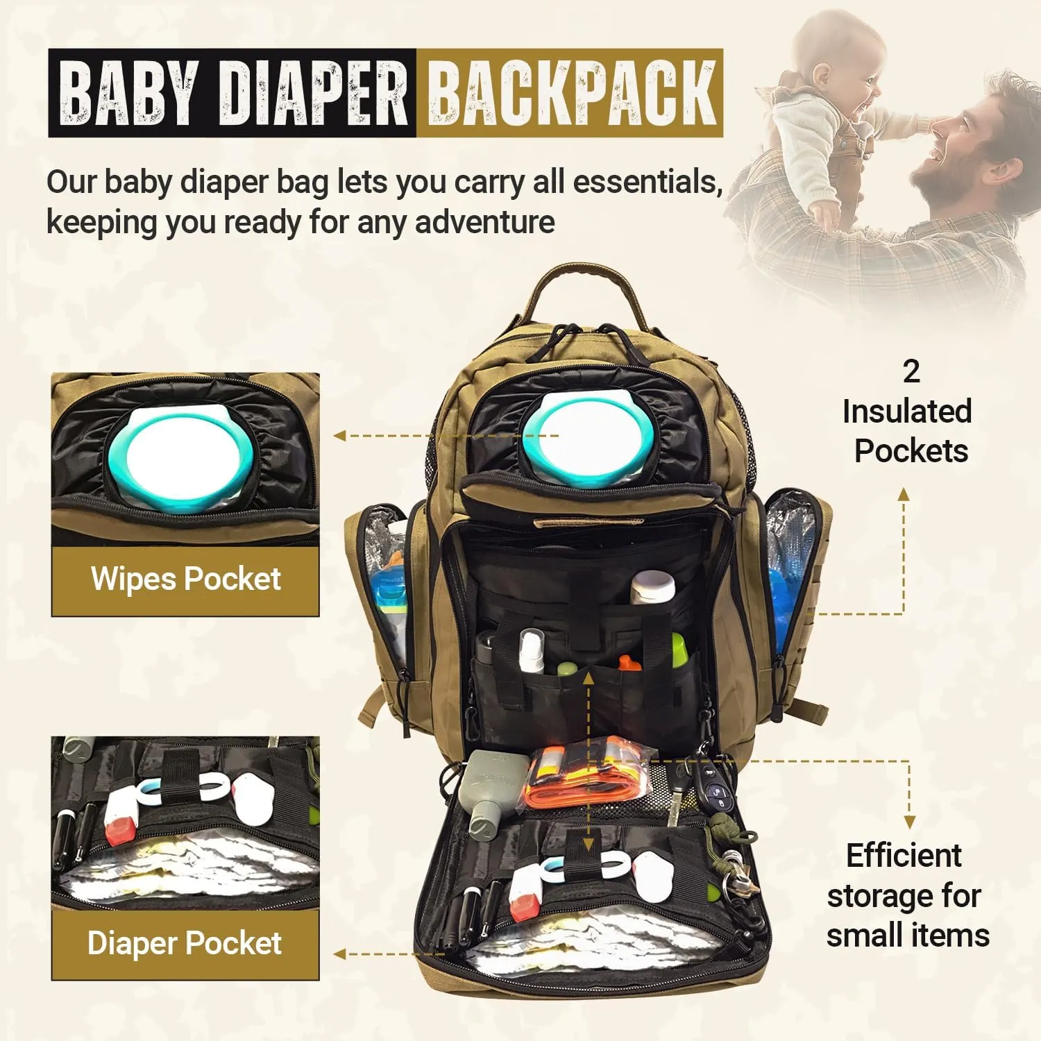 HighSpeedDaddy - Baby Diaper Backpack, Military-Grade, Waterproof, Compact Baby Travel Bag w/Stroller Straps & Tablet Sleeve