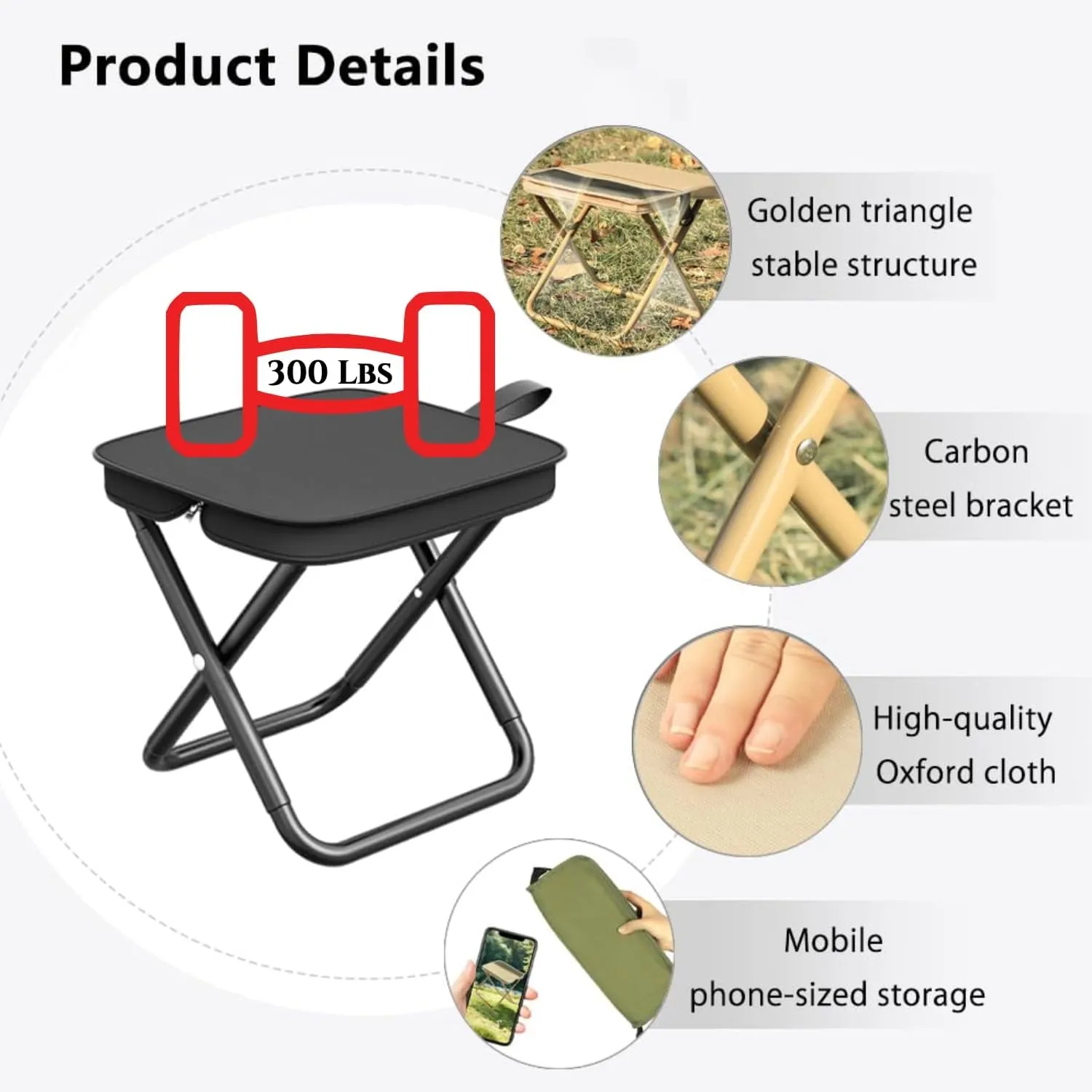 Hiking Portable Stool - Lightweight Collapsible Camping Chair with Carry Bag, Foldable Outdoor Seat for Hikers & Backpackers, Waterproof & Durable​ (Khaki, L)