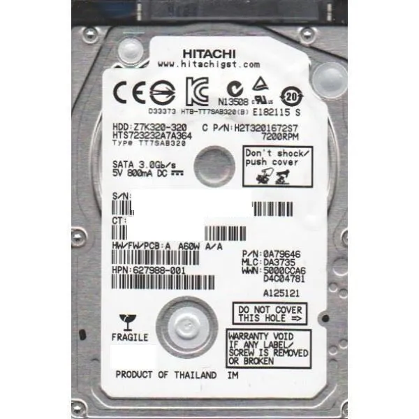 Hitachi GST Travelstar 320GB - 2.5" Internal Notebook Hard Drive Bare Drive - 7200 RPM - 16MB Cache - SATA 3.0Gb/s - Z7K320 HTS723232A7A364 - USED - Tested 100% O.K.