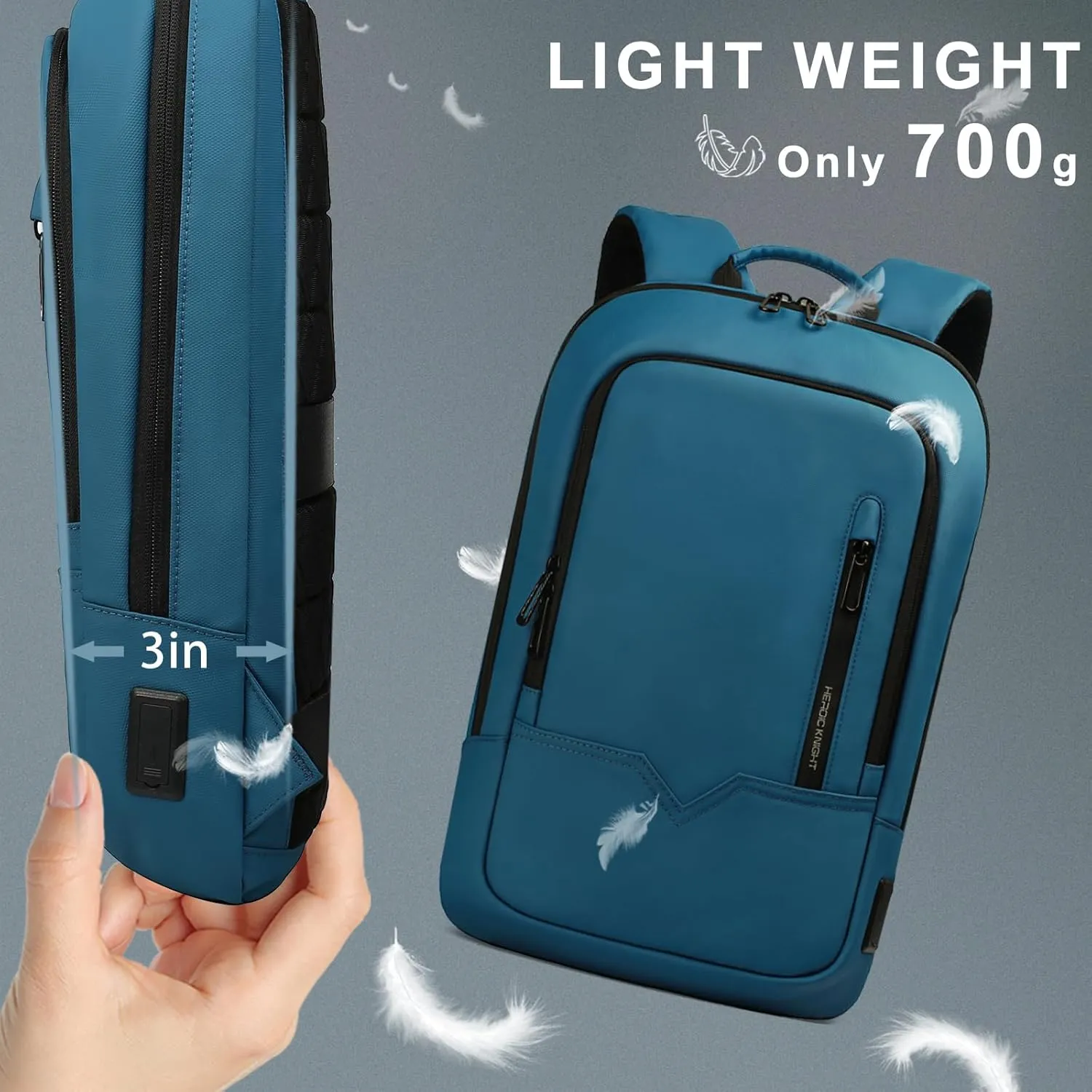 hk Backpack for Men Business Slim Backpack with USB Charger Computer Lightweight Anti-theft Travel (Dark Blue, 15.6 Inch)