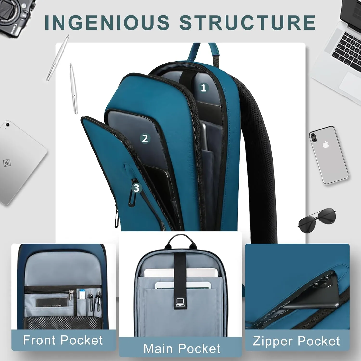 hk Backpack for Men Business Slim Backpack with USB Charger Computer Lightweight Anti-theft Travel (Dark Blue, 15.6 Inch)