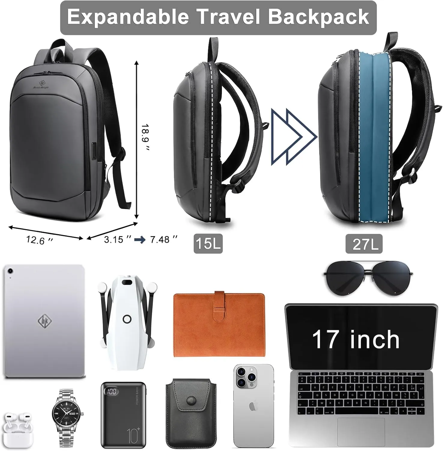 hk Business Backpack for Men 17 Inch,Slim & Expandable Waterproof Travel Laptop Backpack with USB Charger Port (Dark Grey)