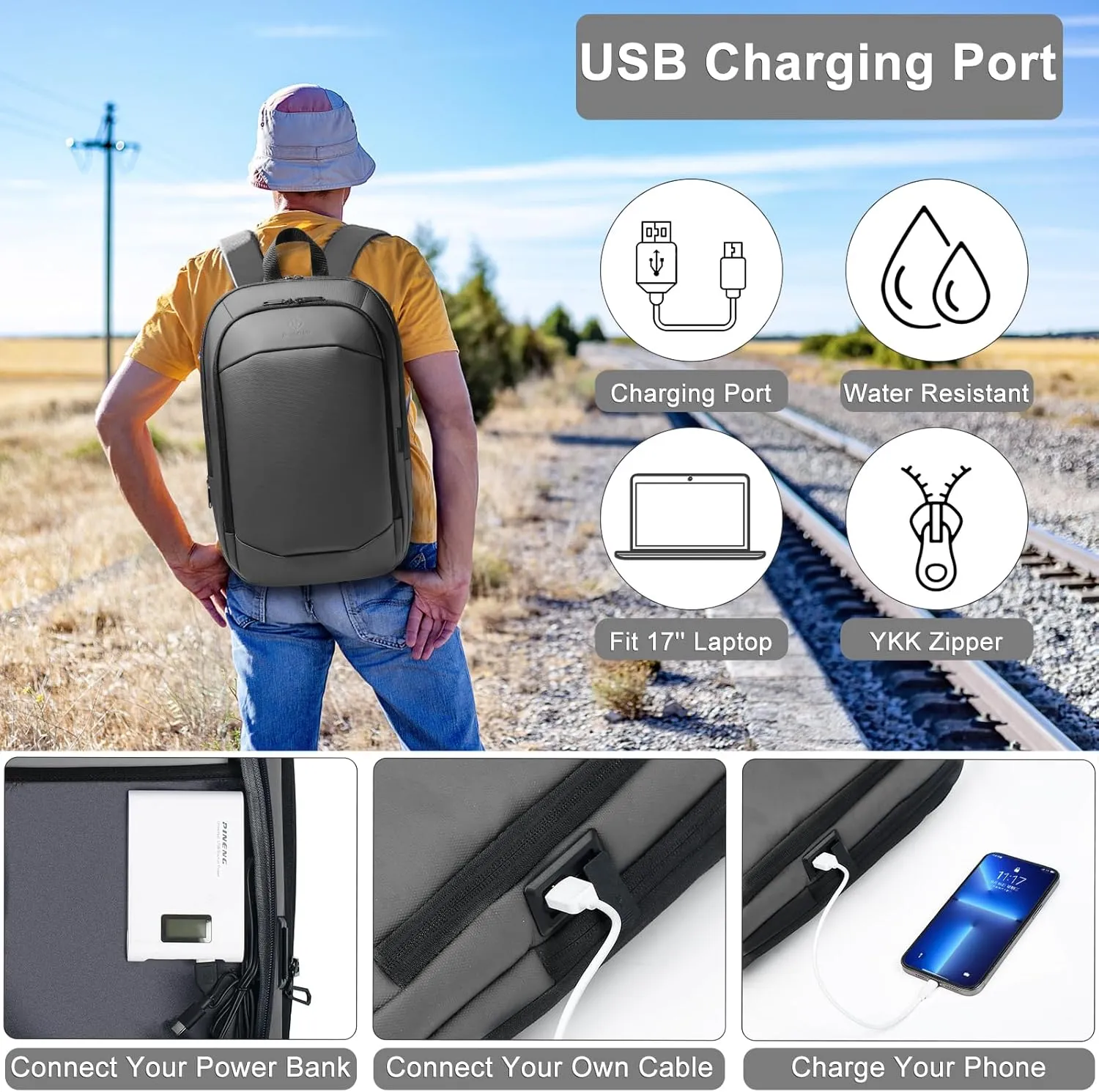 hk Business Backpack for Men 17 Inch,Slim & Expandable Waterproof Travel Laptop Backpack with USB Charger Port (Dark Grey)