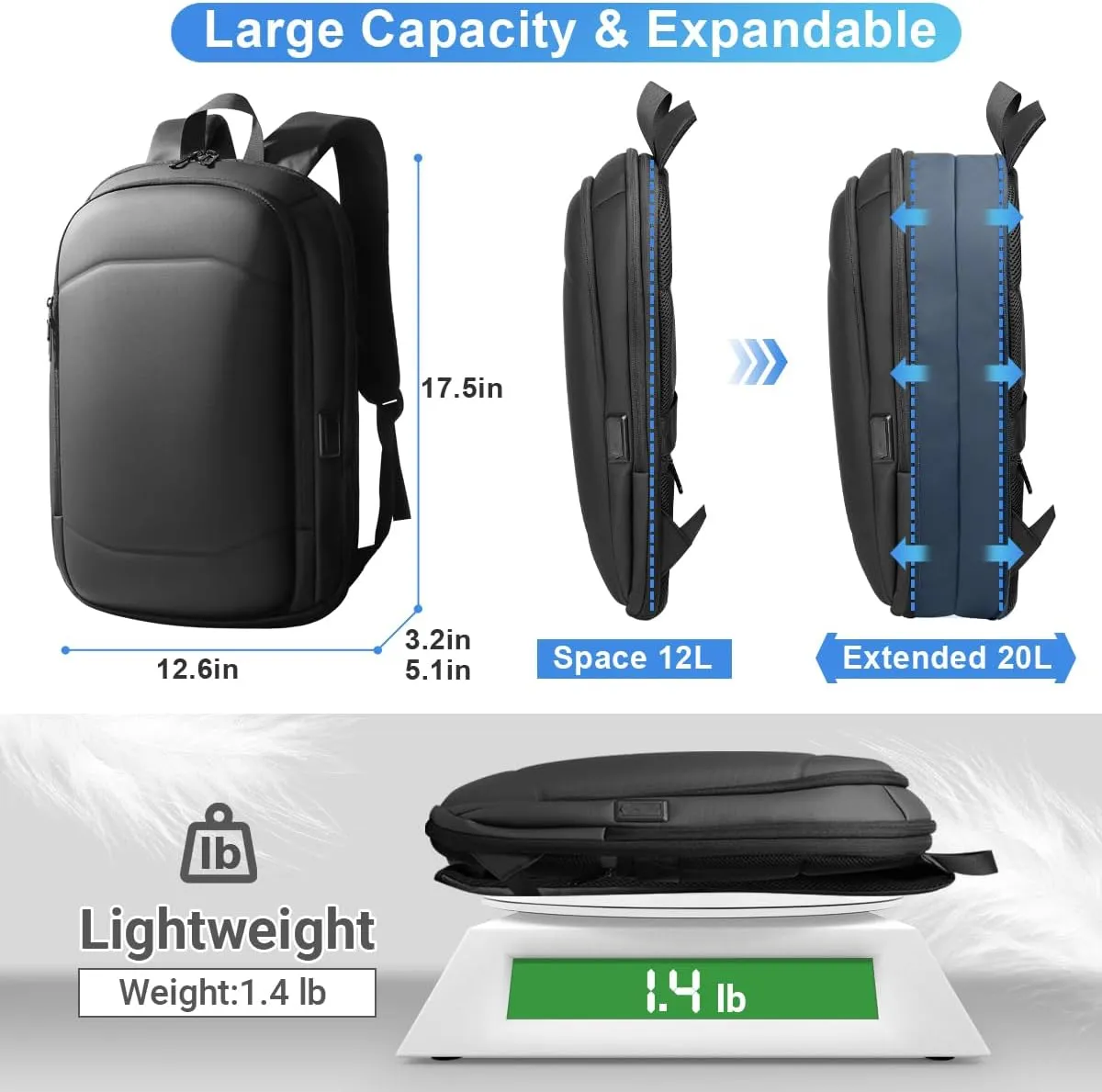 hk Business Backpack for Men 17 Inch,Slim & Expandable Waterproof Travel Laptop Backpack with USB Charging,Anti-Theft Lightweight Large Work Computer Bag,College Laptop Backpacks Gifts for Men Women