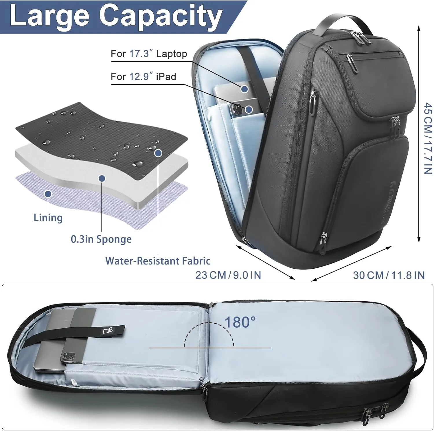 hk Business Smart Backpack for Men Anti-Theft for 17.3 Inch Laptop with USB Charging Port Water-Resistant Large Durable Compact 30L for Travel College Work-Black