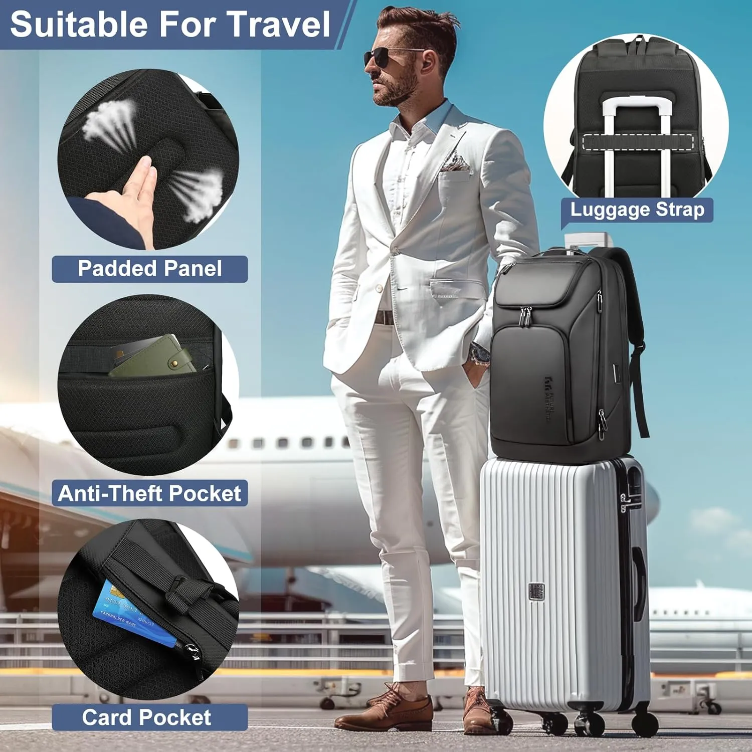 hk Business Smart Backpack for Men Anti-Theft for 17.3 Inch Laptop with USB Charging Port Water-Resistant Large Durable Compact 30L for Travel College Work-Black