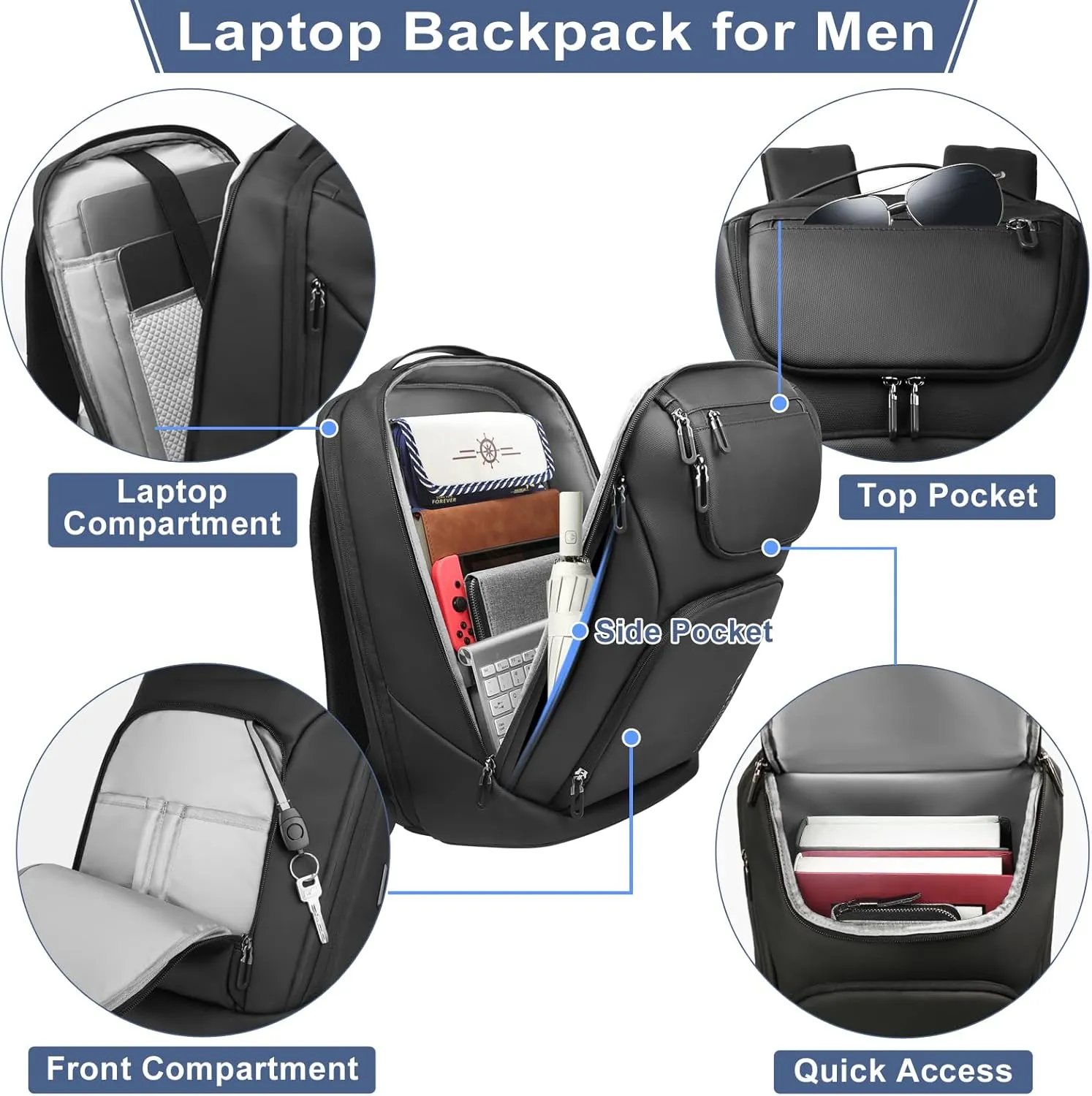 hk Business Smart Backpack for Men Anti-Theft for 17.3 Inch Laptop with USB Charging Port Water-Resistant Large Durable Compact 30L for Travel College Work-Black