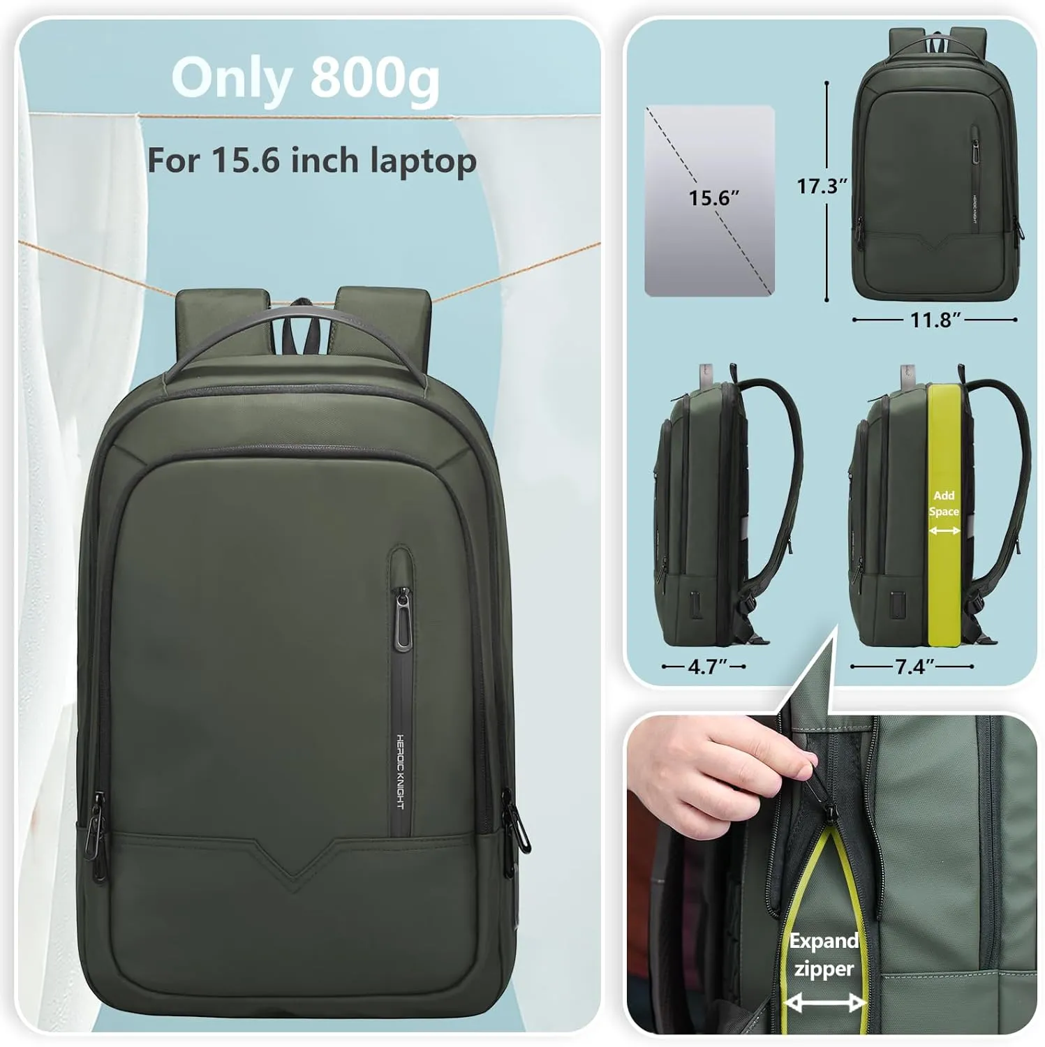 hk Laptop Backpack for Men Expandable Smart Business Backpack with USB Charging Port Water Resistant Anti-theft Lightweight 15.6 Inch Computer Laptop Bag for Office College Commute Travel Work-Green
