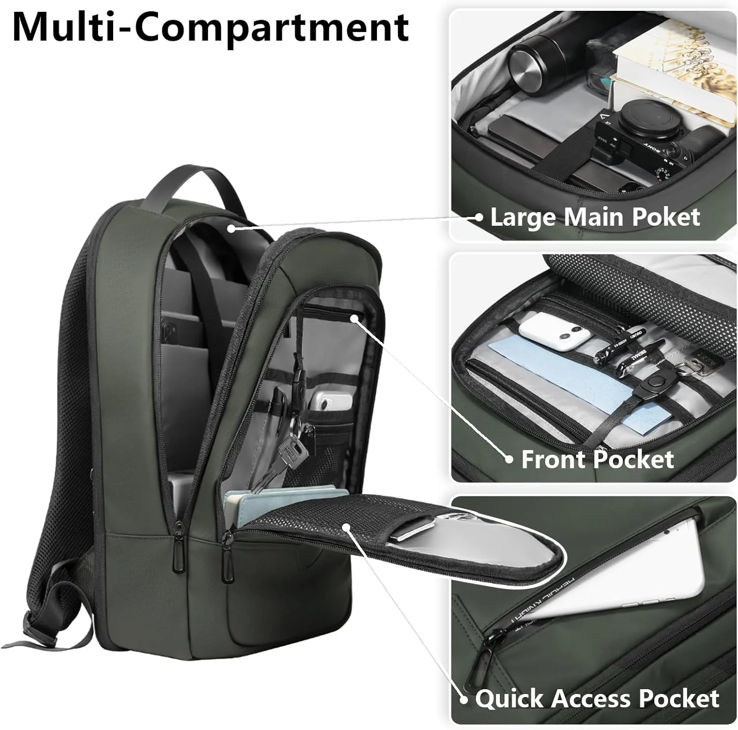 hk Laptop Backpack for Men Expandable Smart Business Backpack with USB Charging Port Water Resistant Anti-theft Lightweight 15.6 Inch Computer Laptop Bag for Office College Commute Travel Work-Green