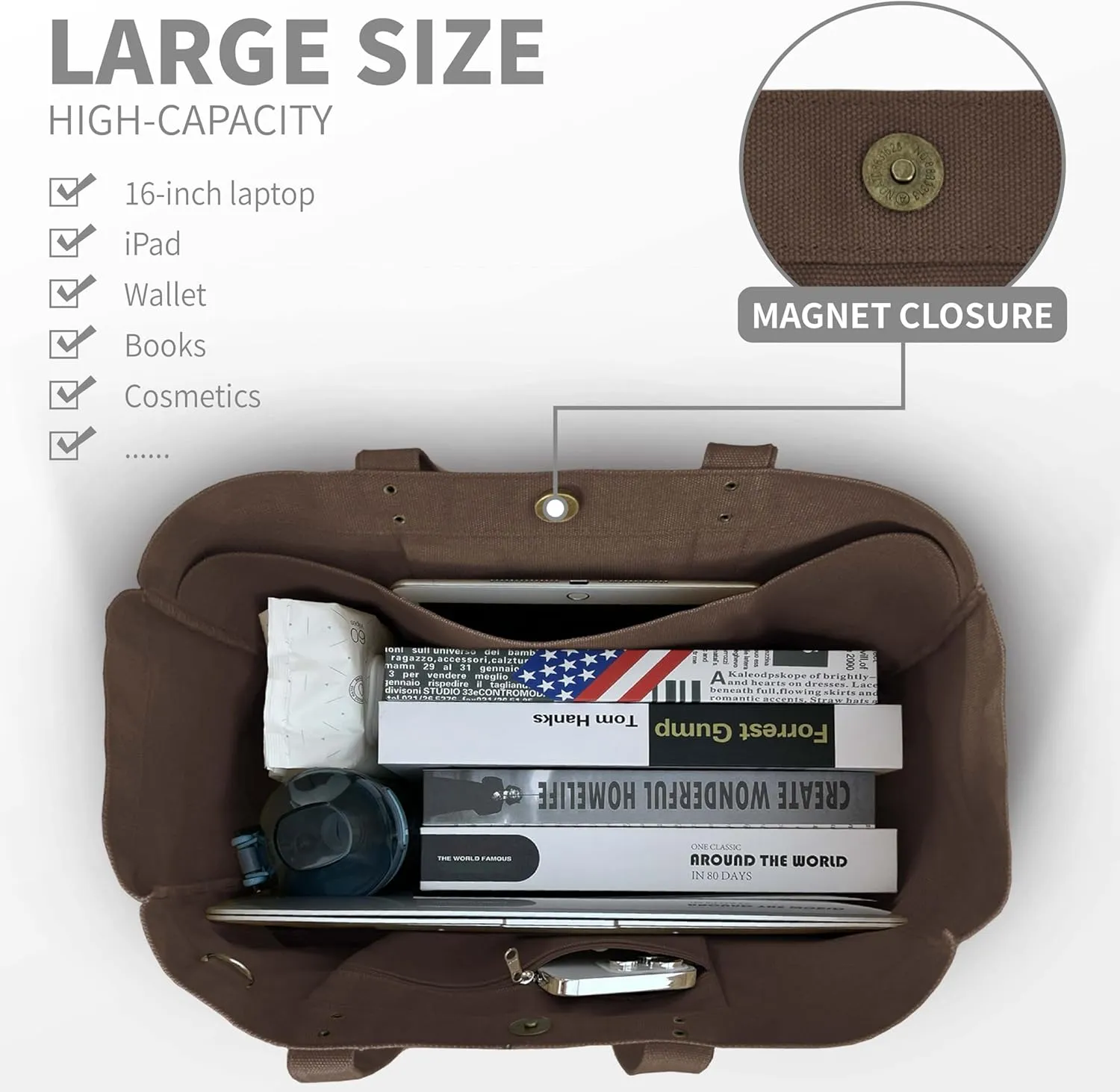 HOMESPON Large Canvas Tote Bag for Women Everything Bag with Pockets and Laptop Sleeve