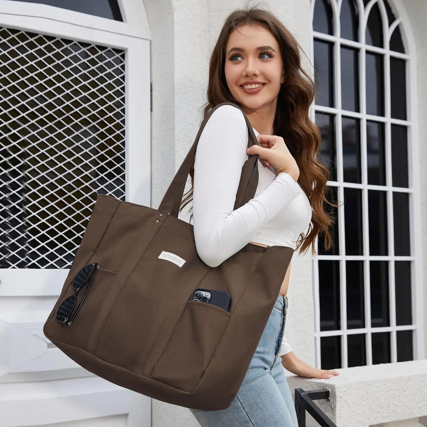 HOMESPON Large Canvas Tote Bag for Women Everything Bag with Pockets and Laptop Sleeve