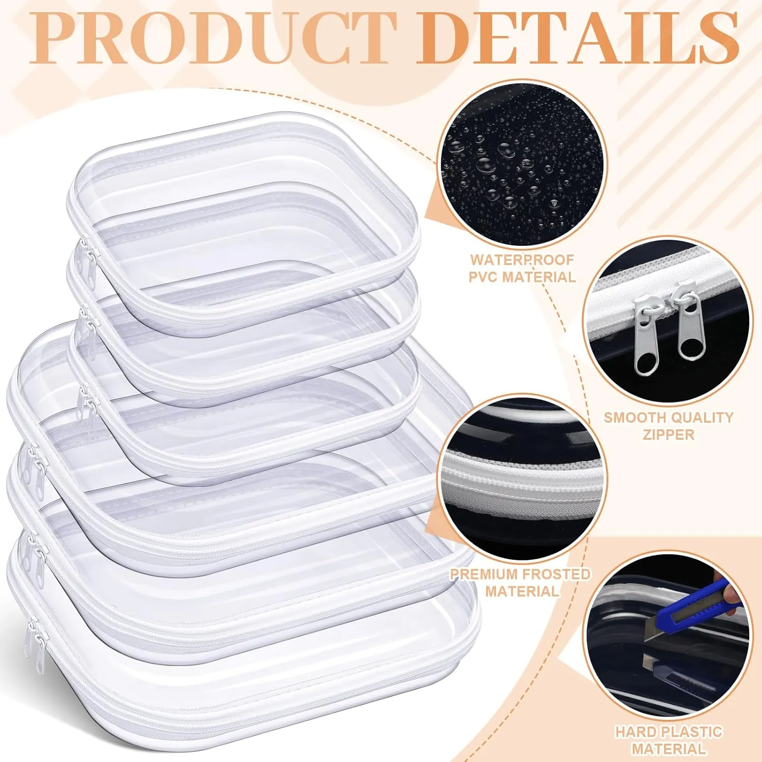 Hoolerry 6 Pcs Hard Clear Zipper Case Transparent Zipper Hard Pouch for Snacks Makeup Bag Hard Plastic Cosmetic Bag with Zipper Portable Travel Organizer for Makeup Storage (White,Big,Medium)