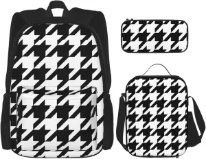 Houndstooth Black Print Versatile Adjustable Shoulder Fashion Backpack Lunch Bag Pencil Case Large Capacity