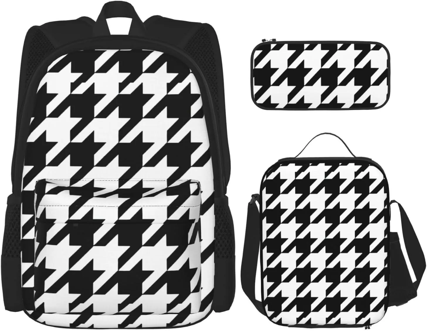 Houndstooth Black Print Versatile Adjustable Shoulder Fashion Backpack Lunch Bag Pencil Case Large Capacity