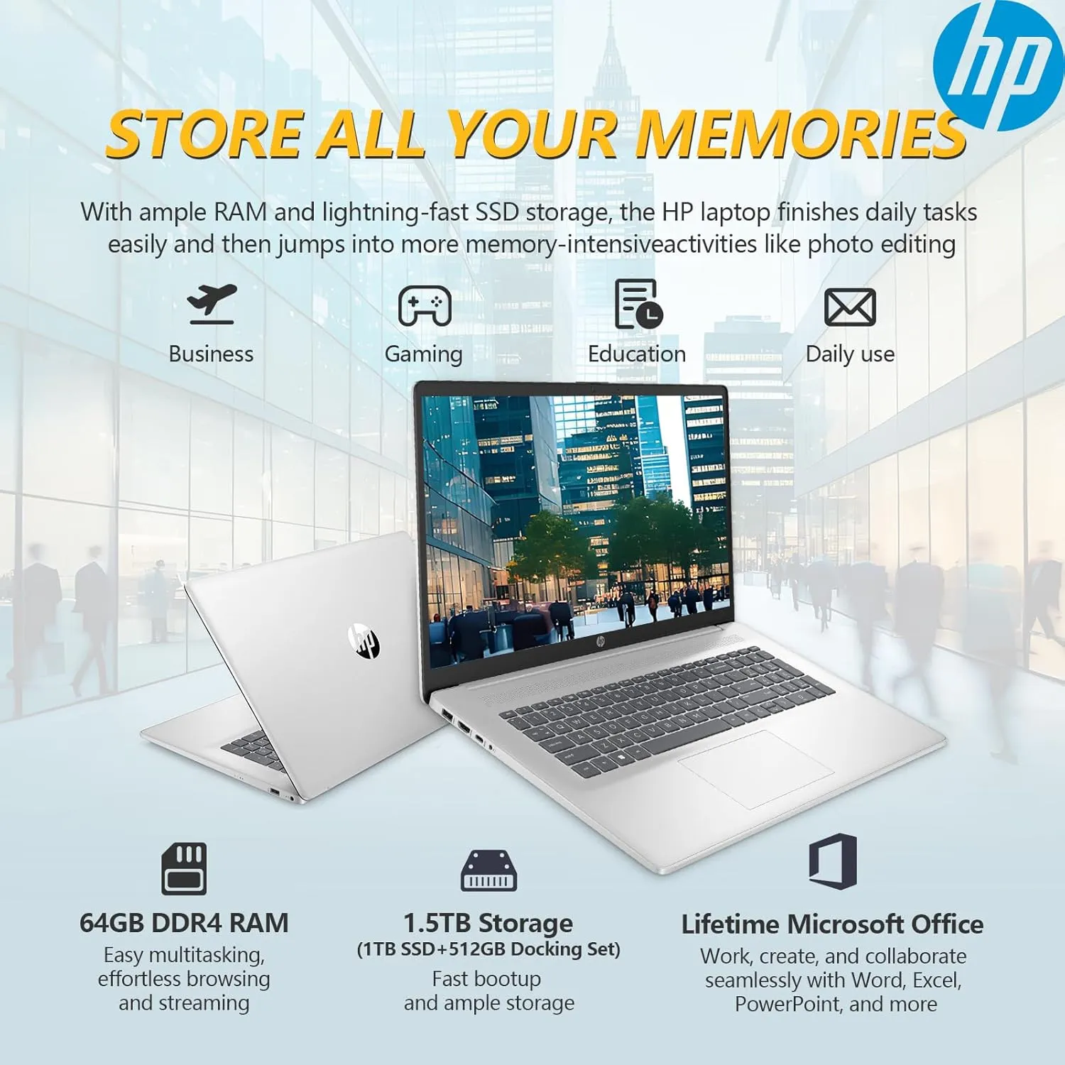 HP 2025 17.3 Touch Screen Laptop PC, 17 Inch Laptop Touchscreen, AMD Ryzen 5(6-Cores), 64GB RAM 1.5TB Storage (1TB SSD 512GB Docking Set), Windows 11 Pro Lifetime Office, 10-Key Number Pad
