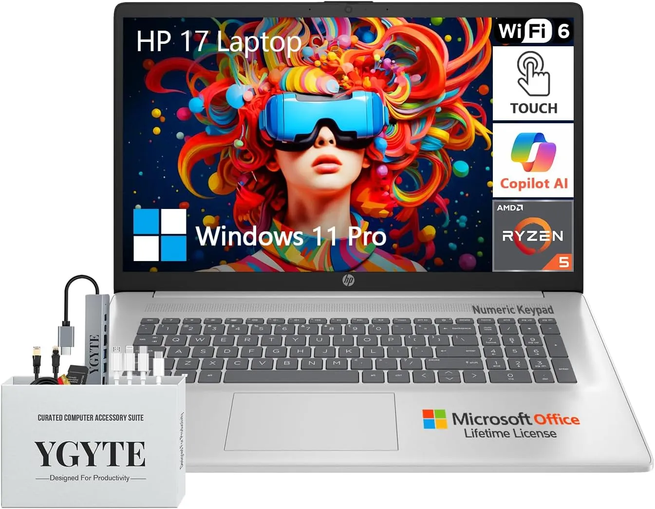 HP 2025 17.3 Touch Screen Laptop PC, 17 Inch Laptop Touchscreen, AMD Ryzen 5(6-Cores), 64GB RAM 1.5TB Storage (1TB SSD 512GB Docking Set), Windows 11 Pro Lifetime Office, 10-Key Number Pad