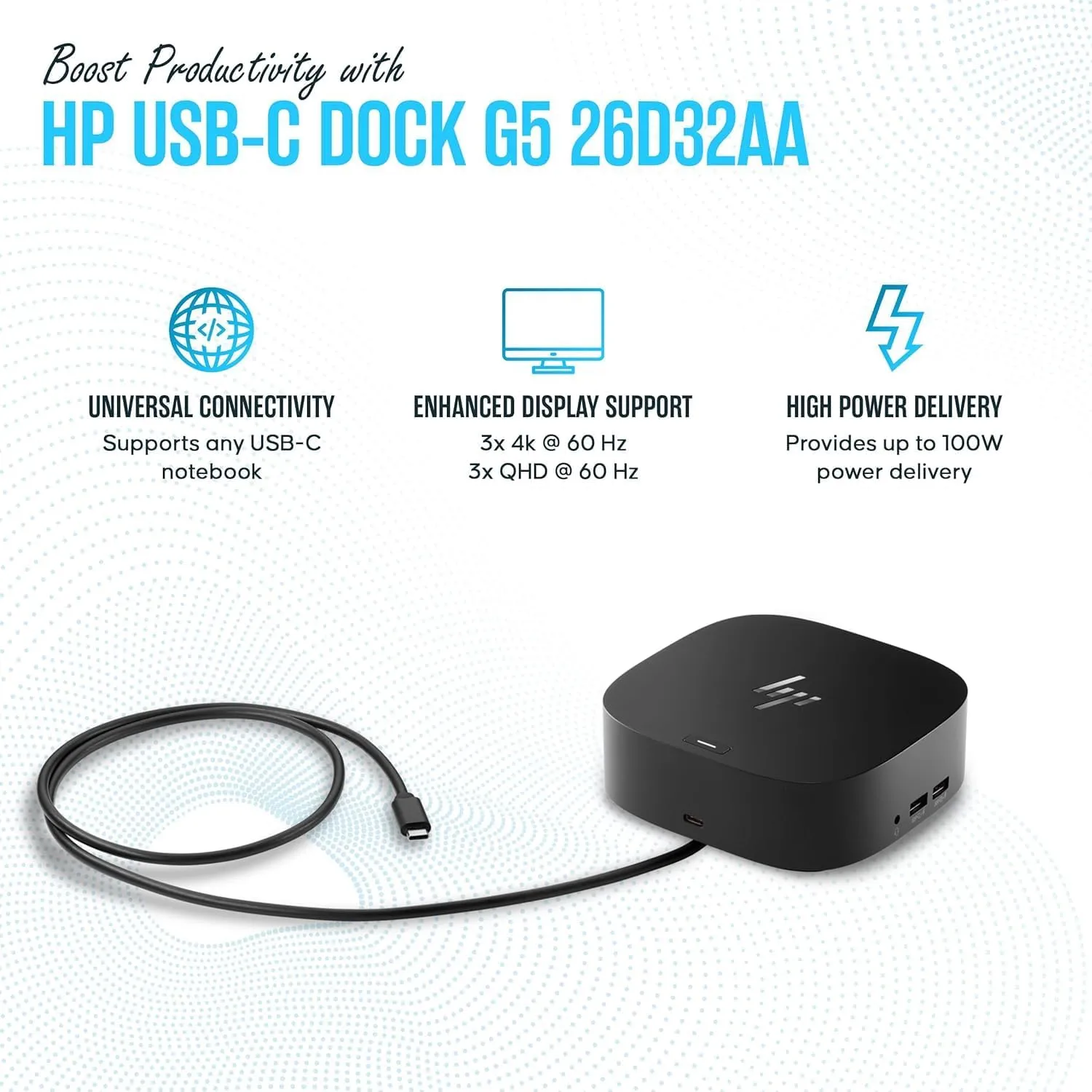 HP 26D32AA USB-C Dock G5 Bundle - HP Docking Station for Laptop Dual Monitor and Charging - with 120, HDMI Cable, DisplayPort Cable - Dock G5 Station