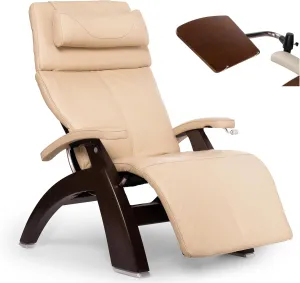 Human Touch PC-420 Manual Zero Gravity Perfect Chair Recliner Performance Memory Foam Package Dark Walnut   Laptop Desk - Ivory Premium Leather