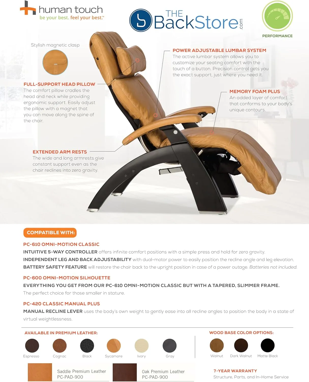 Human Touch PC-420 Manual Zero Gravity Perfect Chair Recliner Performance Upholstery Package Walnut   Laptop Desk - Saddle Premium Leather