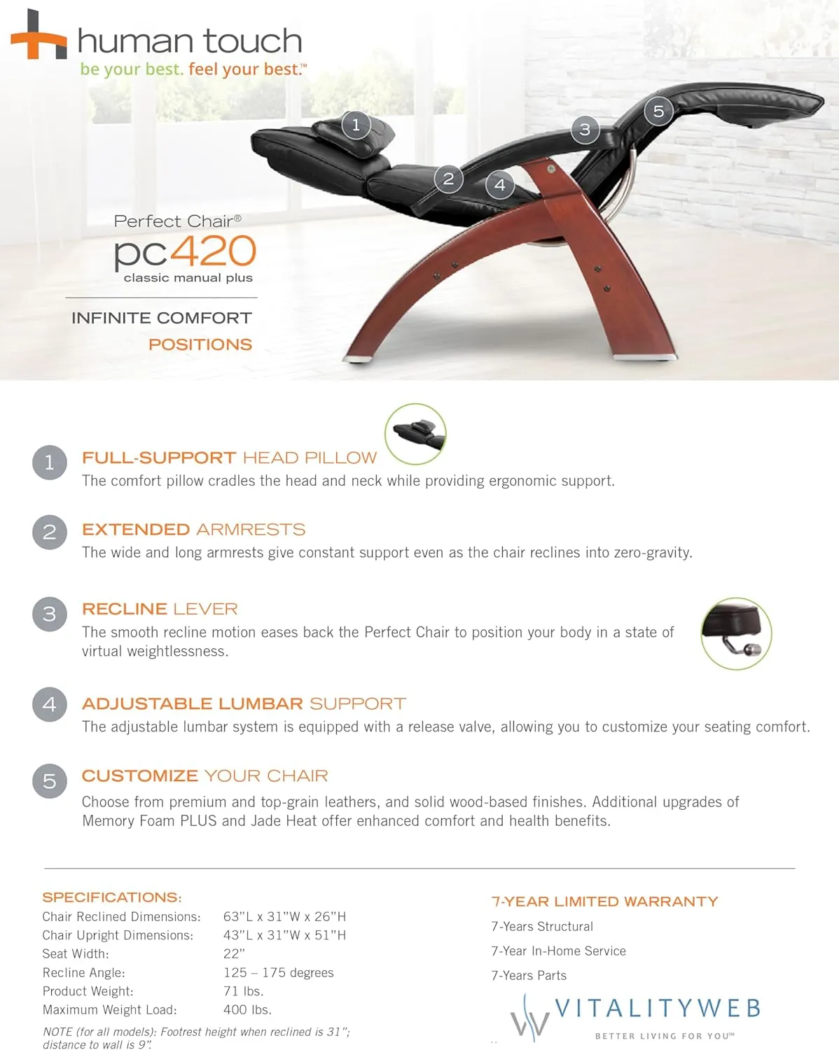 Human Touch PC-420 Manual Zero Gravity Perfect Chair Recliner Performance Upholstery Package Walnut   Laptop Desk - Saddle Premium Leather