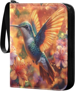 Hummingbird Flying Colorful Flowers Cards Binder 4 Pocket Fits 400 Cards with 50 Removable Sleevesves, Trading Card Collector Zipper Album Holder Portable Card Games Display Storage Cases