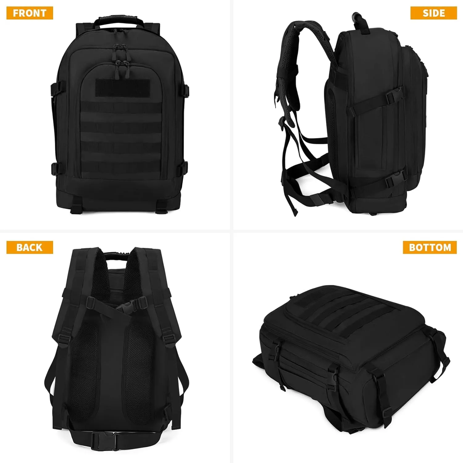 HUNTVP Tactical Backpack 45L MOLLE Expandable Army Backpack (Black)