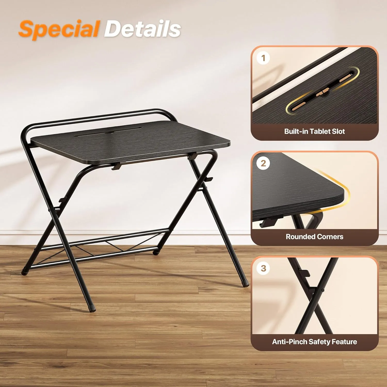 Huuger Folding Desk with 3-Level Adjustable Height and Tablet Slot, 24 Inch Foldable Computer Desk for Small Spaces, Space Saving, Study Writing Work Table for Home Office, Bedroom, Study, Black