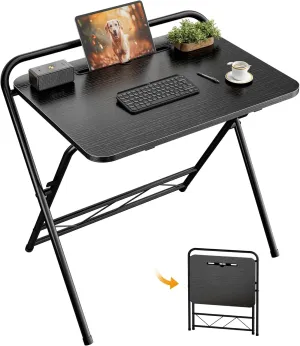 Huuger Folding Desk with 3-Level Adjustable Height and Tablet Slot, 24 Inch Foldable Computer Desk for Small Spaces, Space Saving, Study Writing Work Table for Home Office, Bedroom, Study, Black