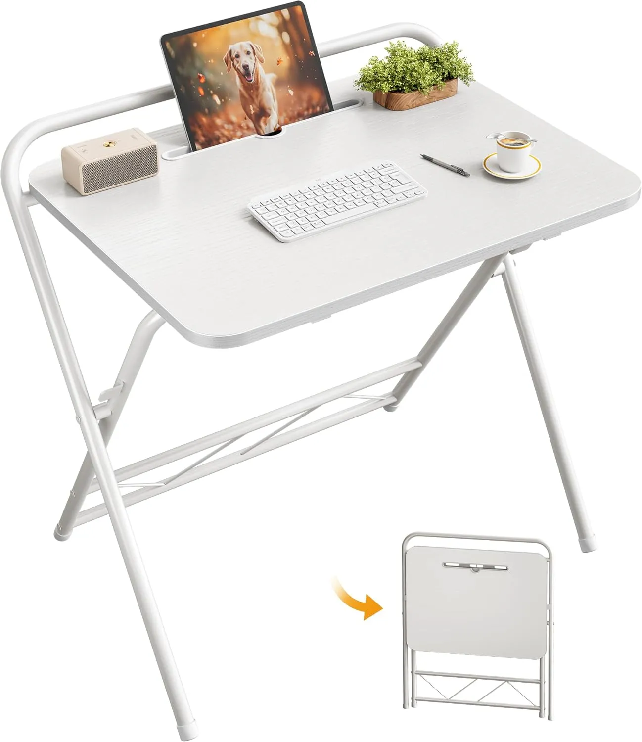 Huuger Folding Desk with 3-Level Adjustable Height and Tablet Slot, 24 Inch Foldable Computer Desk for Small Spaces, Space Saving, Writing Work Table for Home Office, Bedroom, Study, White