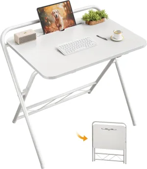 Huuger Folding Desk with 3-Level Adjustable Height and Tablet Slot, 24 Inch Foldable Computer Desk for Small Spaces, Space Saving, Writing Work Table for Home Office, Bedroom, Study, White