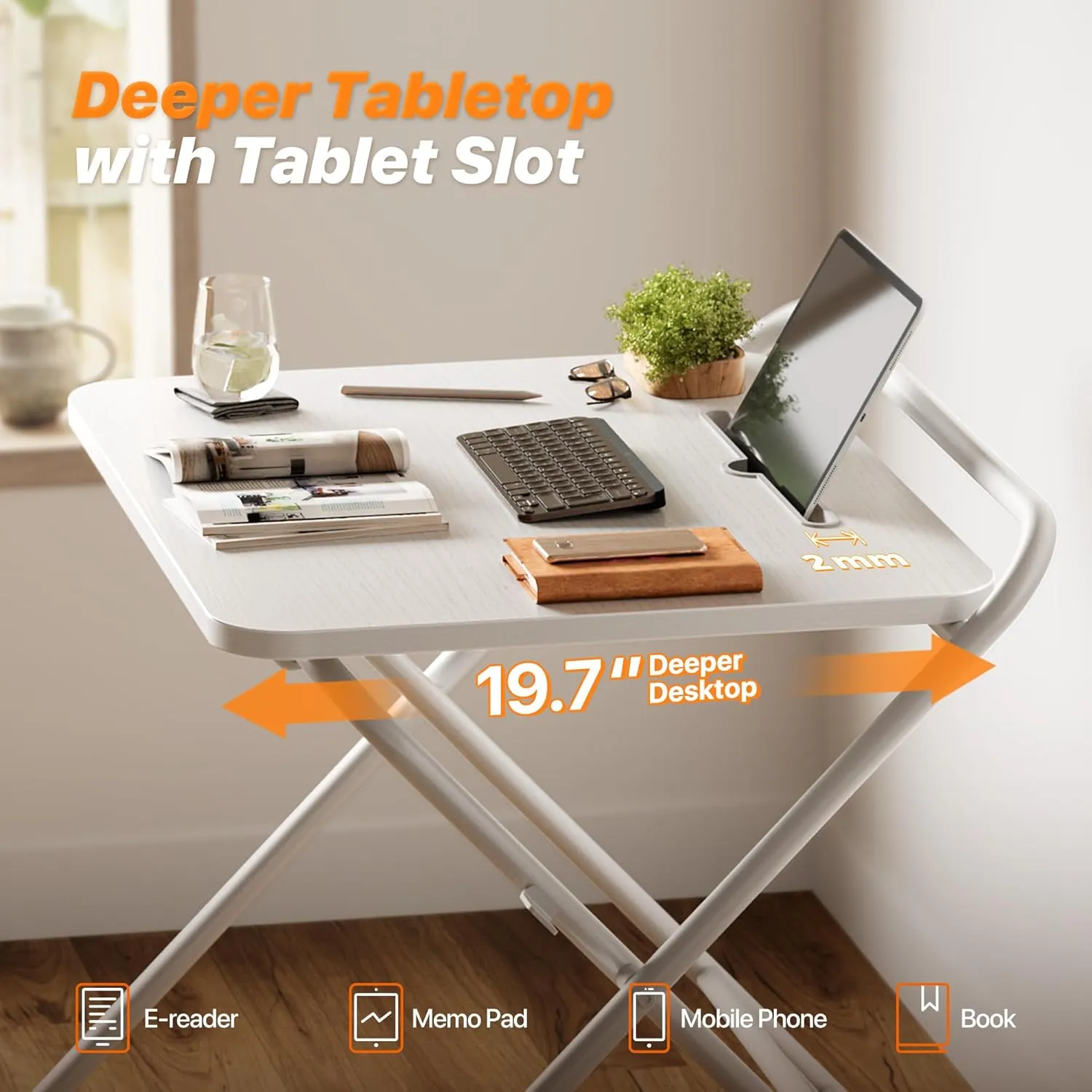 Huuger Folding Desk with 3-Level Adjustable Height and Tablet Slot, 24 Inch Foldable Computer Desk for Small Spaces, Space Saving, Writing Work Table for Home Office, Bedroom, Study, White