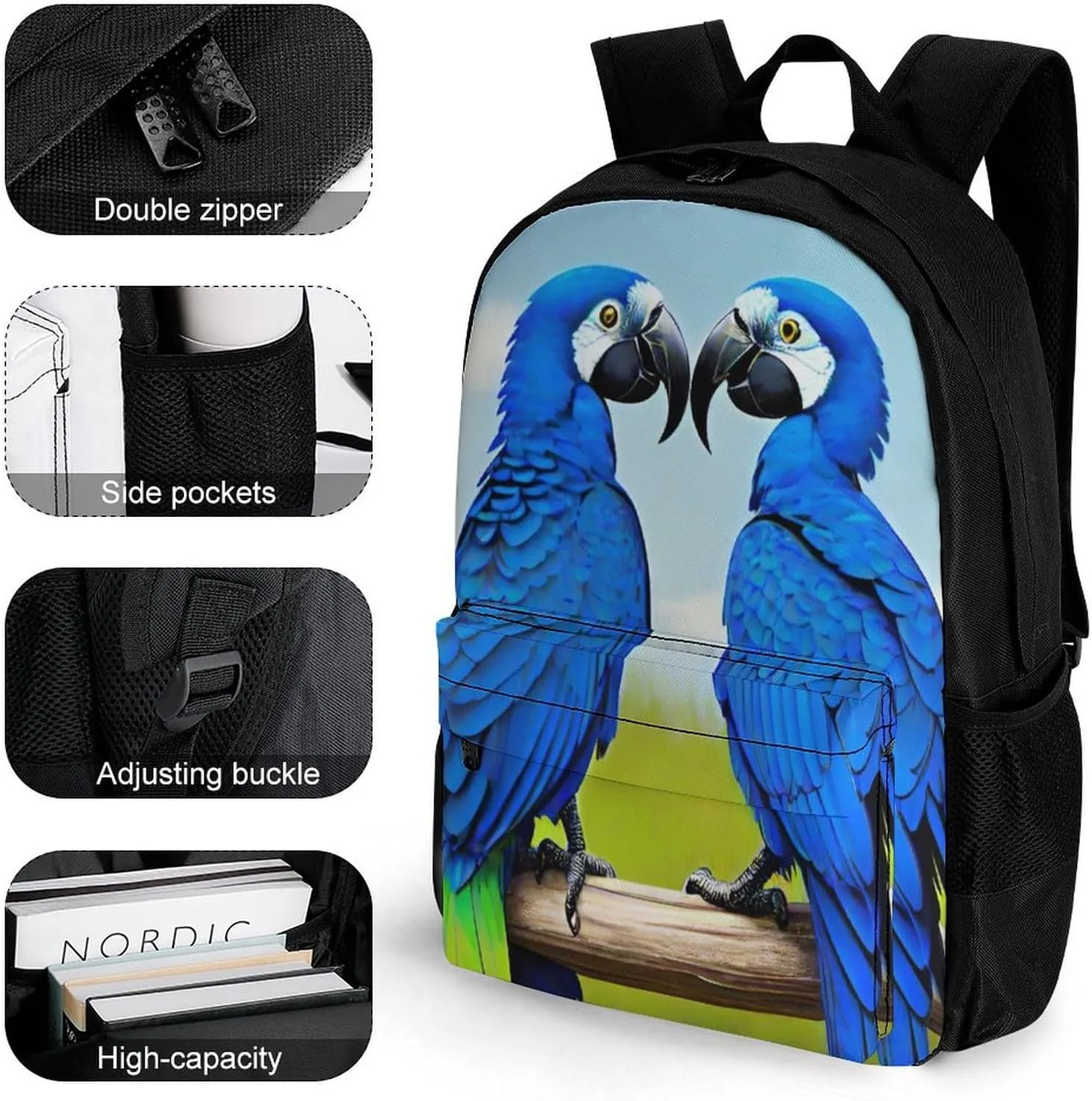 Hyacinth Macaw Art Daypack Polyester Anti-Theft Multipurpose Bookbag Big Capacity Gym Outdoor Hiking Backpack With Adjustable Shoulder Straps
