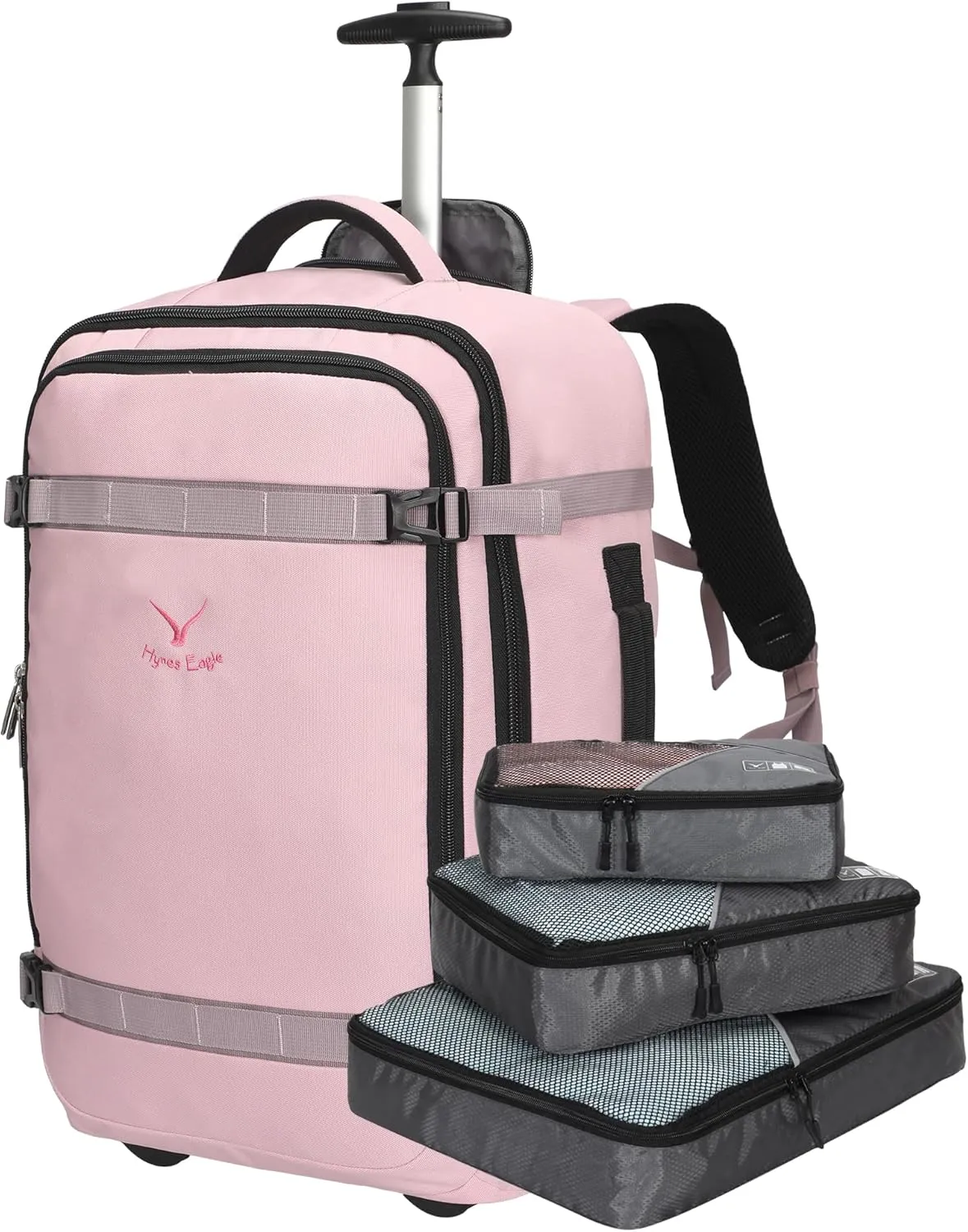 Hynes Eagle 42L Rolling Backpack Wheeled Backpack Flight Approved Travel Backpack Carry on Luggage Light Pink with 3PCS Packing Cubes Set Grey