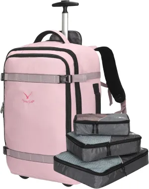 Hynes Eagle 42L Rolling Backpack Wheeled Backpack Flight Approved Travel Backpack Carry on Luggage Light Pink with 3PCS Packing Cubes Set Grey