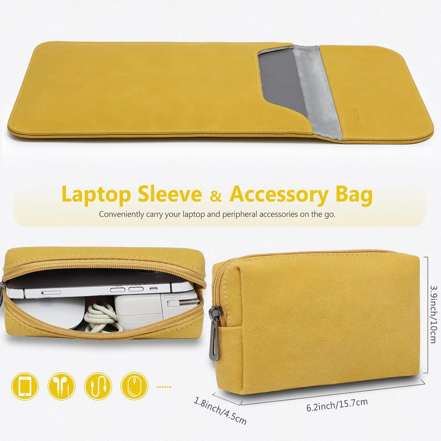 HYZUO 15 Inch Laptop Sleeve Bag for MacBook Air 15 M4 A3241 M3 M2 2025-2023, 15" Surface Laptop 7/6/5/4/3, MacBook Pro 15 2019-2016, Faux Suede Leather Case Cover with Carry Pouch, Olive Yellow