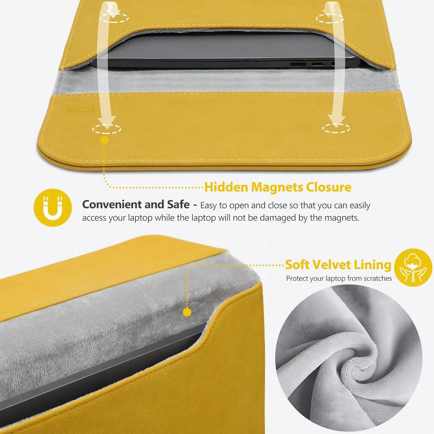 HYZUO 15 Inch Laptop Sleeve Bag for MacBook Air 15 M4 A3241 M3 M2 2025-2023, 15" Surface Laptop 7/6/5/4/3, MacBook Pro 15 2019-2016, Faux Suede Leather Case Cover with Carry Pouch, Olive Yellow