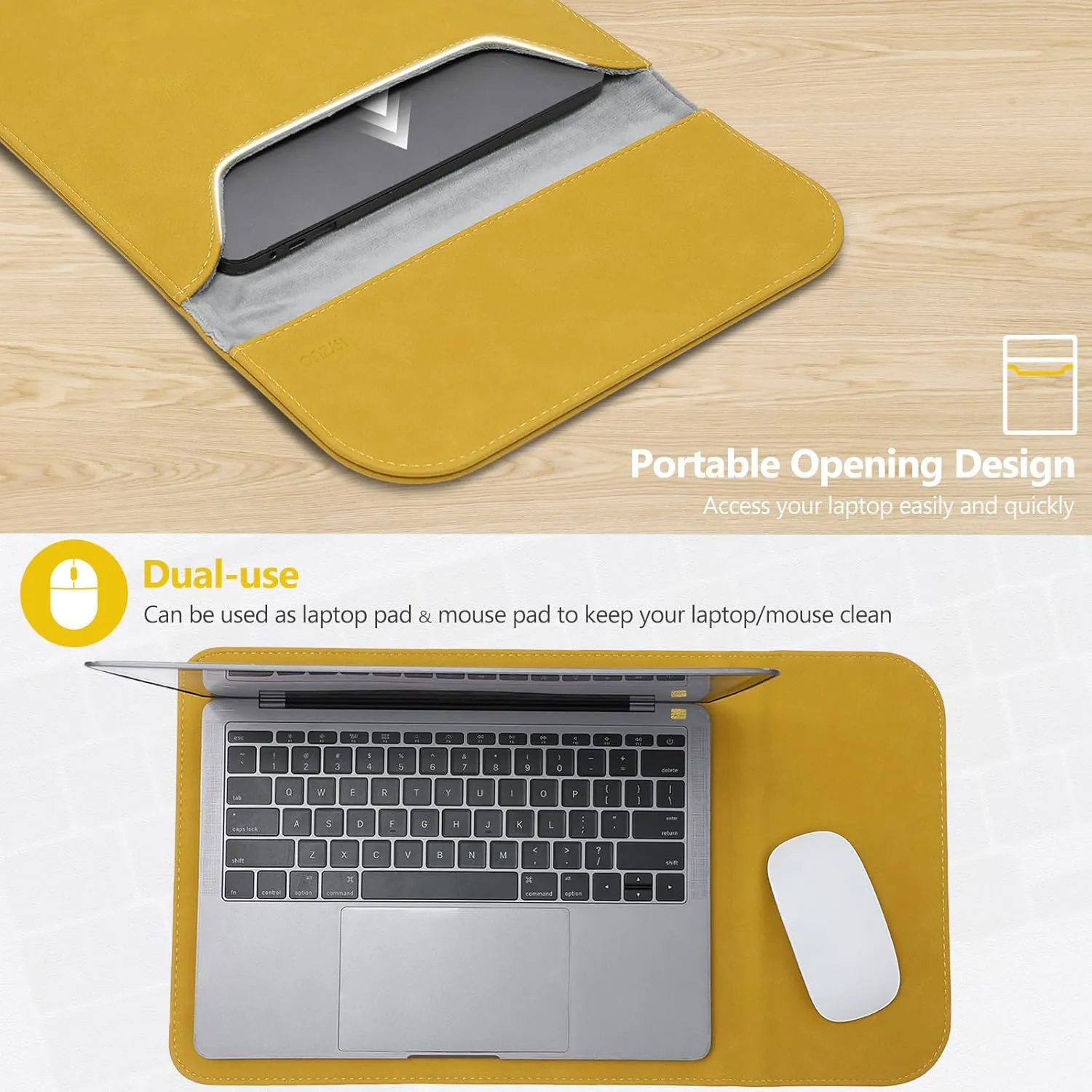 HYZUO 15 Inch Laptop Sleeve Bag for MacBook Air 15 M4 A3241 M3 M2 2025-2023, 15" Surface Laptop 7/6/5/4/3, MacBook Pro 15 2019-2016, Faux Suede Leather Case Cover with Carry Pouch, Olive Yellow