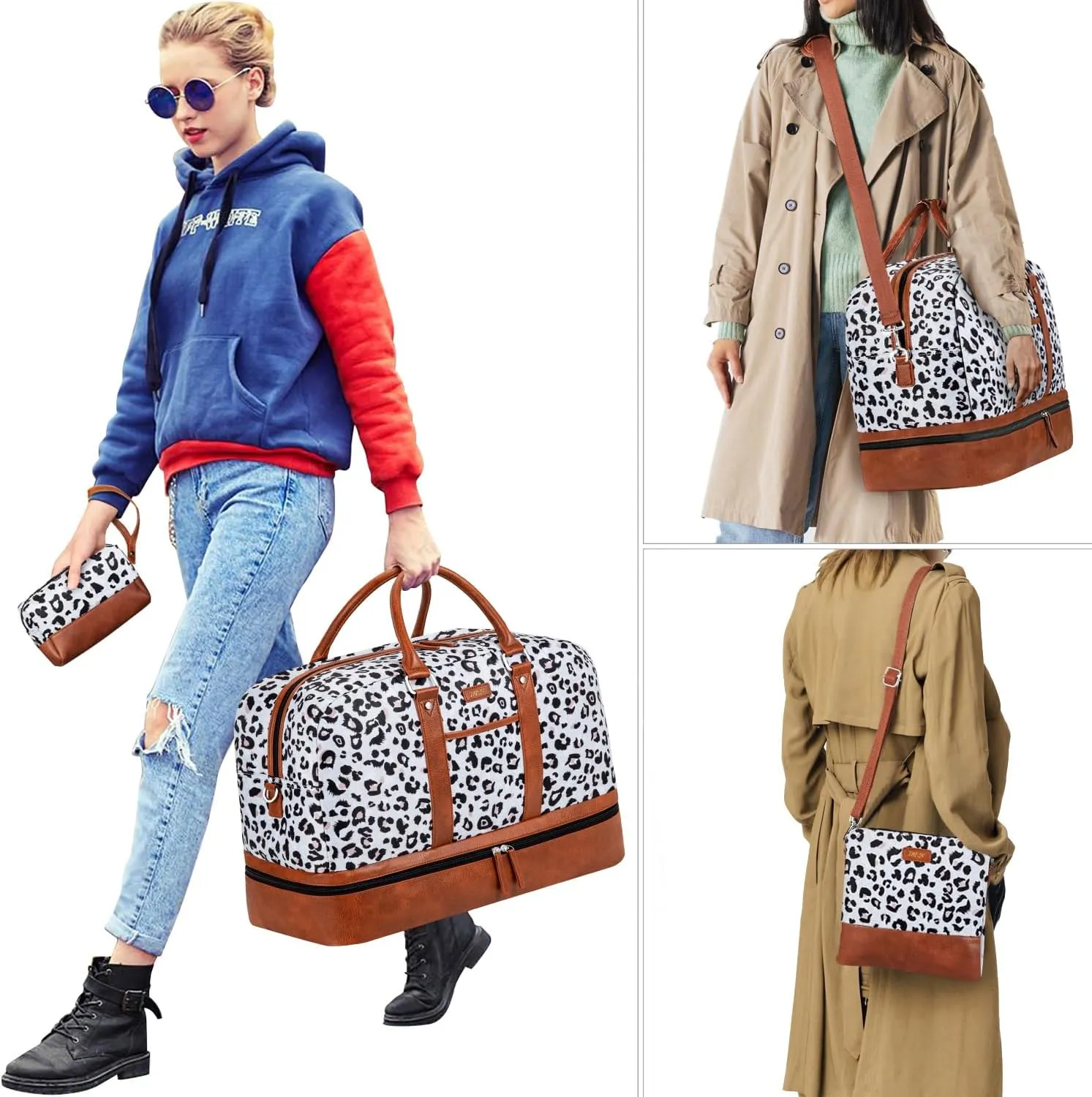 IBFUN Weekender Bags for Women, Large Overnight Bag Canvas Travel Duffel Bag Carry On Tote with Shoe Compartment 21" 3Pcs Set